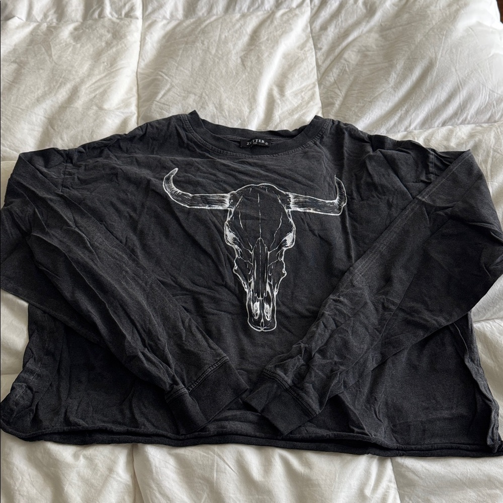 Black Long Sleeve Top with Bull Skull Design